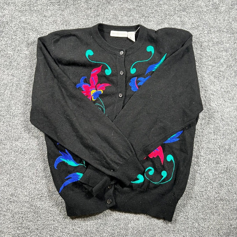 Sportswear Systems Cardigan Womens Size L Black Lambswool Floral Knit Embroider